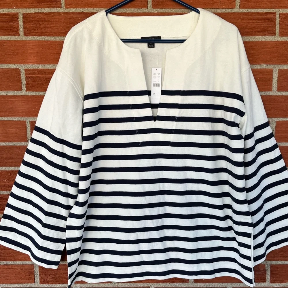 J Crew Mariner Cloth Tunic Top Stripe Oversized Ivory Navy Long Sleeve Shirt